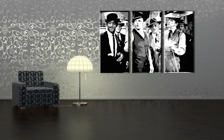 Pop art obraz na plátne s motívom Rat Pack, príroda v bielo-červených odtieňoch zavesený v interiéri obývačky, nostalgická atmosféra, hudobná história – interiér, pohľad 3