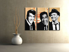 Pop art obraz na plátne s motívom Rat Pack, príroda v bielo-červených odtieňoch zavesený v interiéri obývačky, nostalgická atmosféra, hudobná história – interiér, pohľad 2