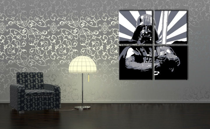 Ručne maľovaný obraz na plátne v čierno-bielych odtieňoch | Ru��ne maľovaný POP Art obraz STAR WARS, popkultúra a ikonografia – náhľad