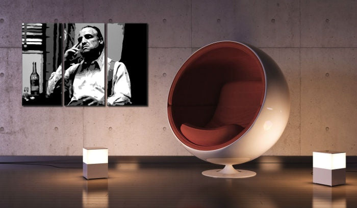 Pop art obraz s motívom Marlon Brando, cigara v bielo-sivých odtieňoch | Ručne maľovaný POP Art obraz Marlon Brando, kriminálna dráma – náhľad