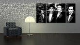 Pop art obraz na plátne s motívom Corleone Family v bielo-sivých odtieňoch zavesený v interiéri obývačky, hudobná história a ikonografia | Ručne maľovaný POP Art obraz Corleone Family – interiér