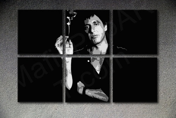 Pop art obraz na plátne s motívom SCARFACE-AL PACINO 6 dielny XXL Akcia al8, kvet v sivo-čiernych odtieňoch, dramatická atmosféra, vhodný do obývačky – hlavný