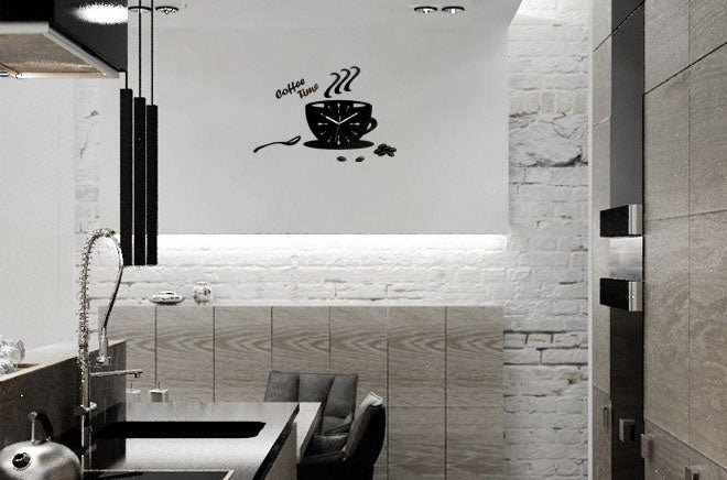 Moderný obraz s motívom Cup Clock, šálka kávy, hodiny v čierno-bielych odtieňoch | Moderné nástenné hodiny Cup Clock, čas – náhľad
