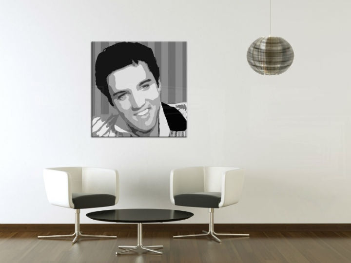 Pop art obraz s motívom Elvis Presley, príroda v bielo-sivých odtieňoch | Ručne maľovaný POP Art obraz Elvis Presley, rock and roll a sláva – náhľad