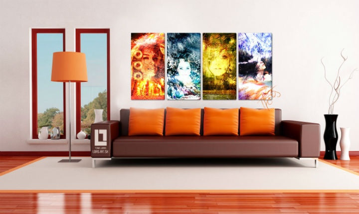 Mixed media obraz s motívom Four Elements — Tom Loris v fialovo-modrých odtieňoch | Obraz na plátne Four Elements — Tom Loris, príroda a duchovnosť – náhľad
