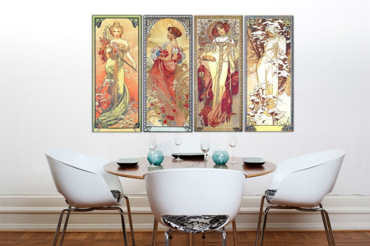 Vintage obraz s motívom ŠTYRI ROČNÉ OBDOBIA 120x70 cm – Alfons Mucha, mapa v zeleno-zlatých odtieňoch | Obraz na plátne ŠTYRI ROČNÉ OBDOBIA 120x70 cm – Alfons Mucha – náhľad