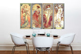 Vintage obraz na plátne s motívom ŠTYRI ROČNÉ OBDOBIA 120x70 cm – Alfons Mucha, mapa v zeleno-zlatých odtieňoch zavesený v interiéri kuchyne – interiér