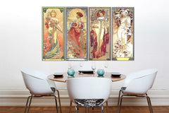 Vintage obraz na plátne s motívom ŠTYRI ROČNÉ OBDOBIA 120x70 cm – Alfons Mucha, mapa v zeleno-zlatých odtieňoch zavesený v interiéri kuchyne – interiér
