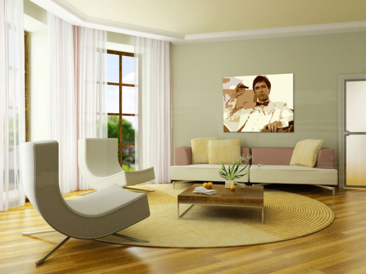 Pop art obraz s motívom AL PACINO, automobil, príroda v béžovo-krémových odtieňoch | Ručne maľovaný POP Art obraz AL PACINO, sila a moc a nostalgia – náhľad