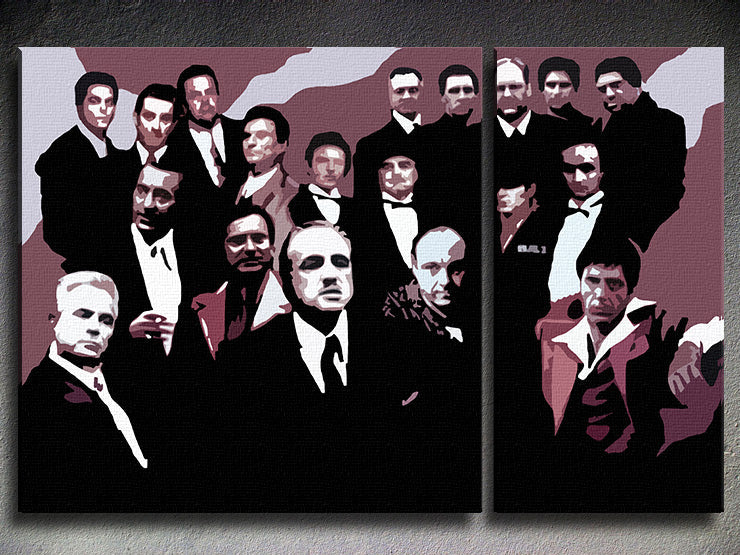 Pop art obraz na plátne s motívom The MAFIA Family, automobil v bielo-čiernych odtieňoch, dramatická atmosféra, rodina a sila a moc, vhodný do obývačky – produkt