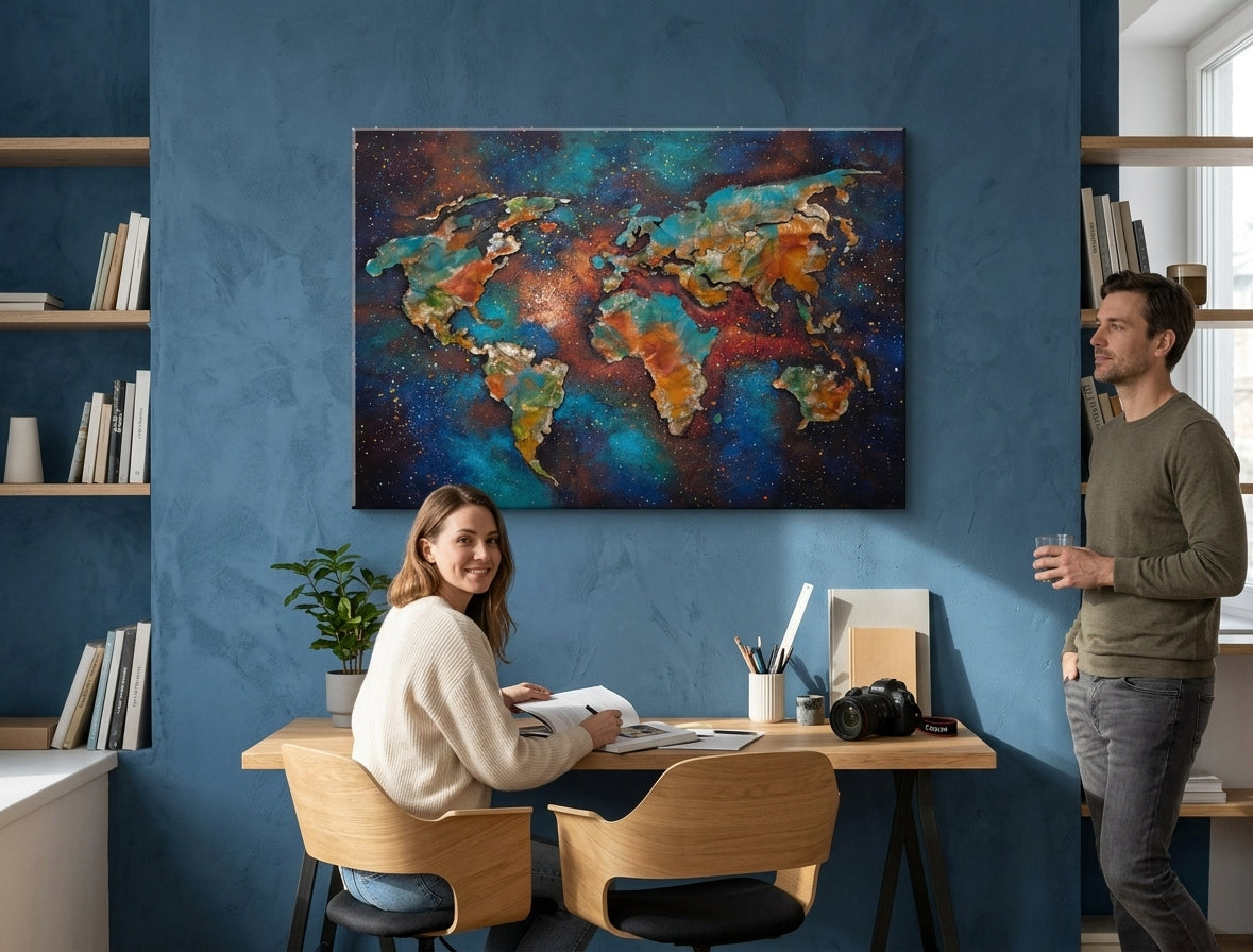 Ručne maľovaný obraz na plátne s motívom ZEM, mapa sveta, galaxia, hviezdy, mapa v modro-oranžových odtieňoch zavesený v interiéri kancelárie – interiér