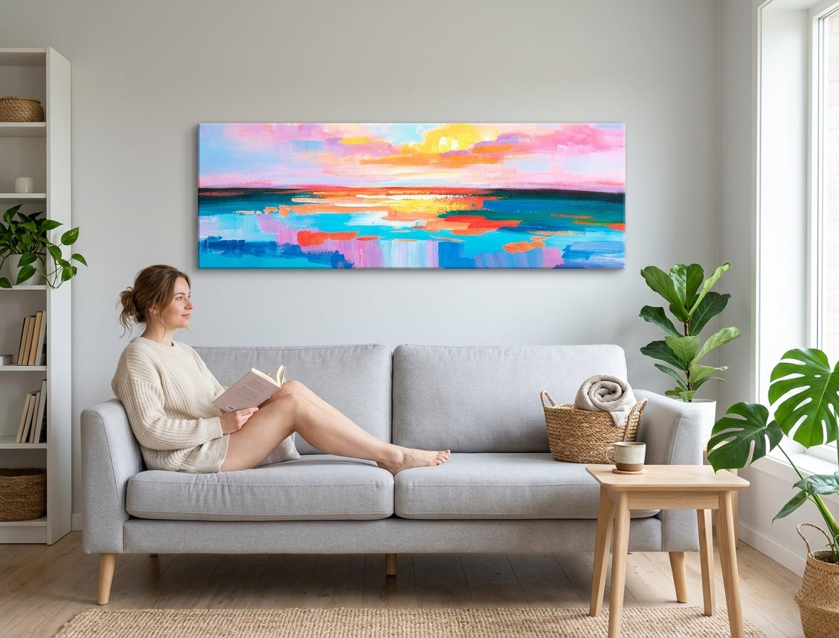 Pop art obraz na plátne s motívom ZÁPAD SLNKA, oceán, obloha, krajina v fialovo-modrých odtieňoch zavesený v interiéri kancelárie, pokojná atmosféra – interiér
