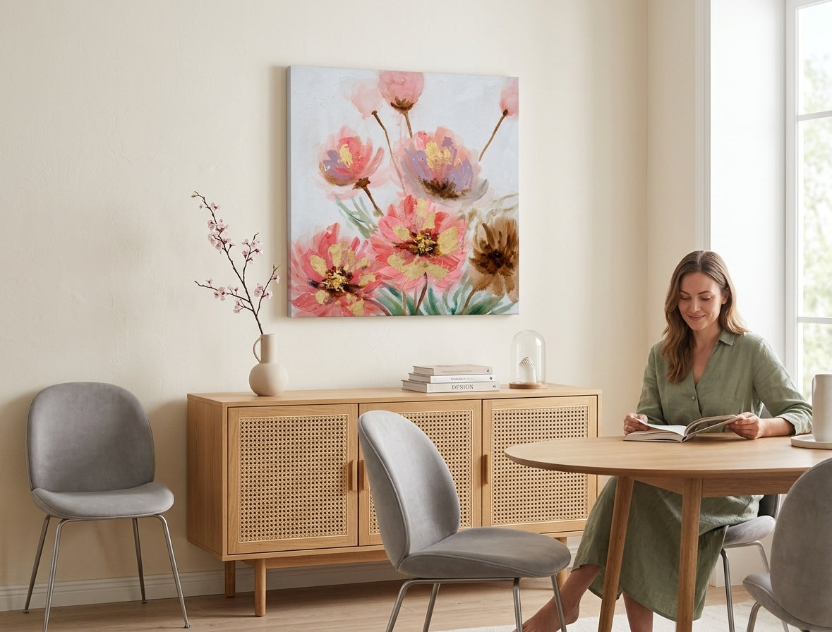 Ručne maľovaný obraz na plátne s motívom maky, kvety, príroda, zviera v ružovo-zelených odtieňoch zavesený v interiéri spálne, nežná atmosféra – interiér