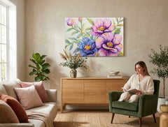 Pop art obraz na plátne s motívom kvety, listy, záhrada, krajina, príroda v modro-zlatých odtieňoch zavesený v interiéri spálne, veselá atmosféra – interiér