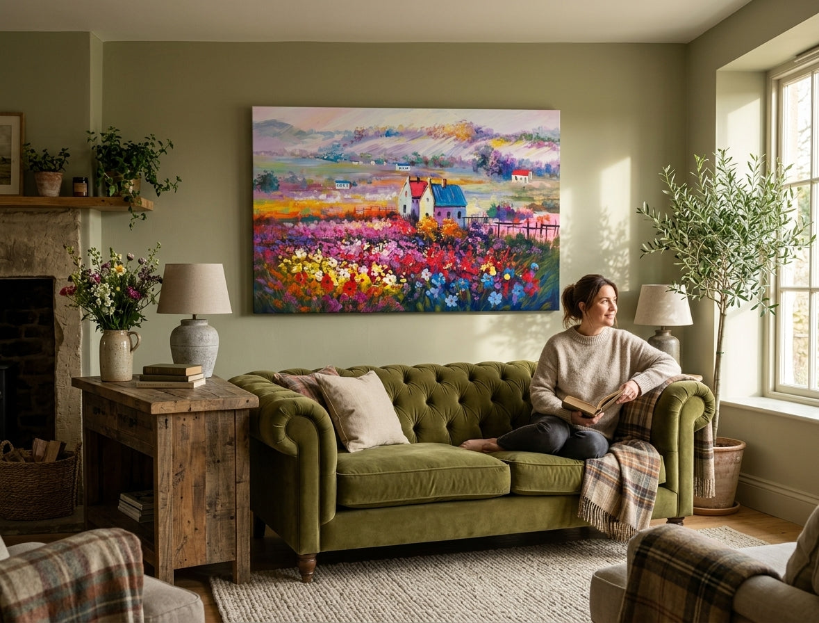 Ručne maľovaný obraz na plátne s motívom plot, obloha, krajina, kvety, príroda vo viacfarebných odtieňoch zavesený v interiéri kuchyne, príroda a jarná atmosféra – interiér