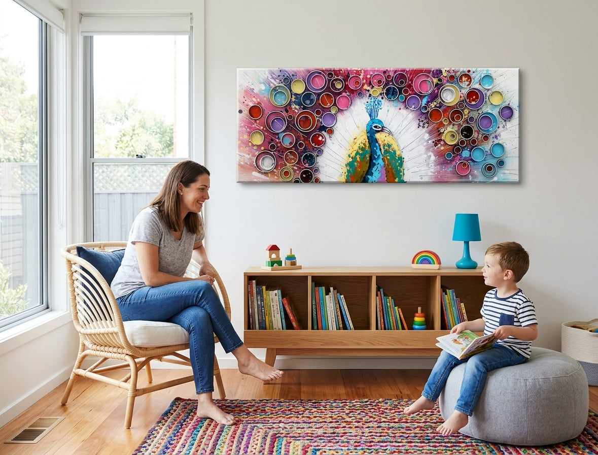 Pop art obraz na plátne s motívom PÁV, vták, zviera vo viacfarebných odtieňoch zavesený v interiéri obývačky, živá atmosféra, príroda a krása – interiér