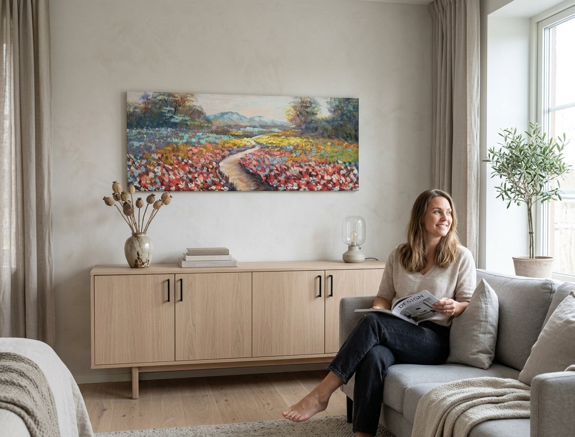 Ručne maľovaný obraz na plátne s motívom stromy, obloha, krajina, kvety, príroda vo viacfarebných odtieňoch zavesený v interiéri chodby, príroda a jarná atmosféra – interiér