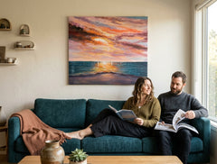 V boho štýle obraz na plátne s motívom ZÁPAD SLNKA, oceán, obloha, oblaky, more a pláž v fialovo-modrých odtieňoch zavesený v interiéri chodby – interiér