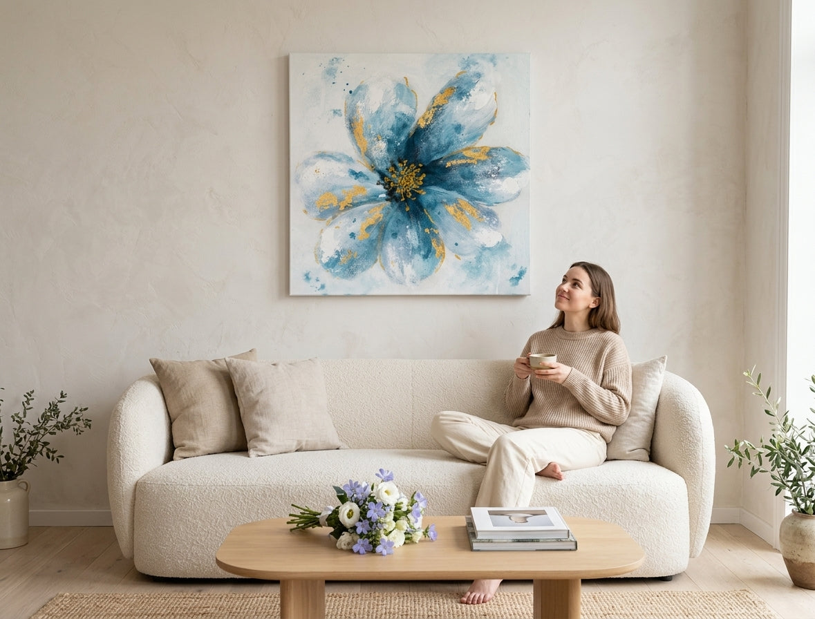 Ručne maľovaný obraz na plátne s motívom kvet, kvety, príroda v bielo-modrých odtieňoch zavesený v interiéri obývačky, pokojná atmosféra, príroda a jarná atmosféra – interiér