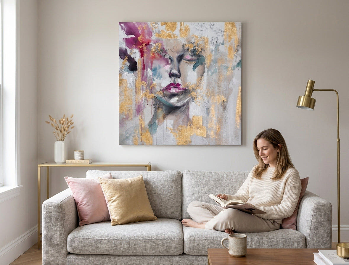 Pop art obraz na plátne s motívom ŽENA, zlaté akcenty v bielo-sivých odtieňoch zavesený v interiéri obývačky, éterická atmosféra, krása a príroda – interiér