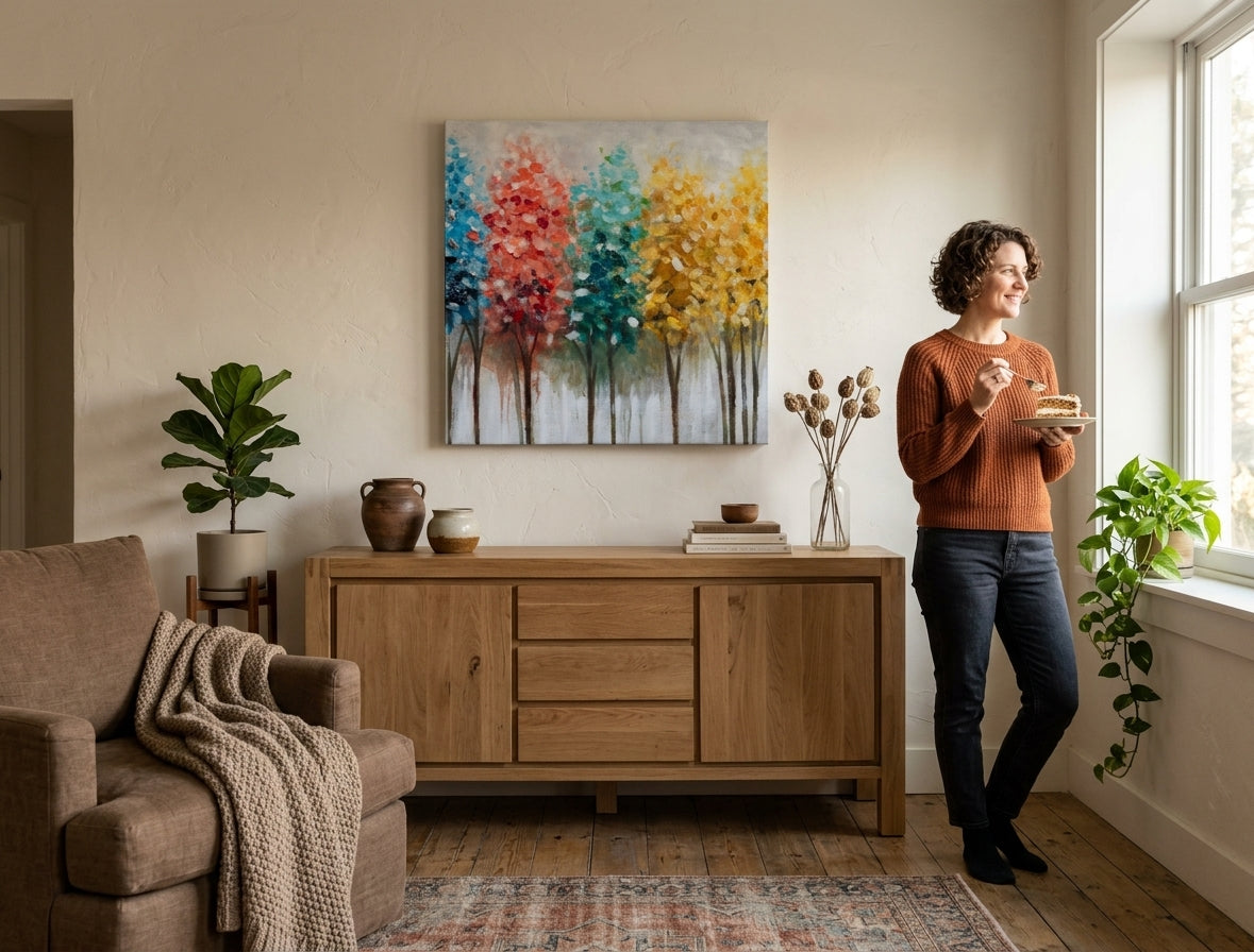 V boho štýle obraz na plátne s motívom stromy, les, mapa, príroda v modro-sivých odtieňoch zavesený v interiéri pracovne, živá atmosféra, príroda a rast a rozvoj – interiér
