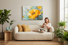 Impresionistický obraz na plátne s motívom Kvety vo váze — žltá kytica 70×70 cm, ľalia, farebné kvety, kvety, kvety vo váze zavesený v interiéri kuchyne – interiér