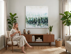 V boho štýle obraz na plátne s motívom LES, sneh, opar, krajina, príroda v bielo-béžových odtieňoch zavesený v interiéri obývačky, pokojná atmosféra – interiér