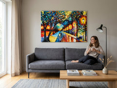 V boho štýle obraz na plátne s motívom pár, stromy, cestička, lavička v parku, krajina v modro-oranžových odtieňoch zavesený v interiéri obývačky – interiér