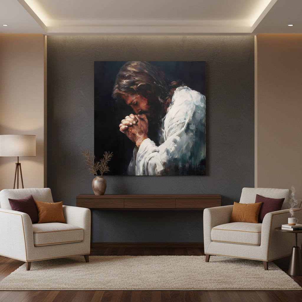 Ježiš v modlitbe | domaľovaný akrylom a zlatými plátkami