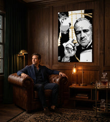 Ručne maľovaný obraz na plátne s motívom PREMIUM ART – The Godfather, automobil v bielo-zlatých odtieňoch zavesený v interiéri obývačky, sila a moc a rodina – interiér