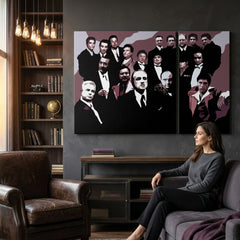 Ručne maľovaný pop art obraz The Mafia Family na stene v pánskom office – kožené kreslo, knižnica, tmavý interiér, Papilora YOBPPfamily, Slovensko