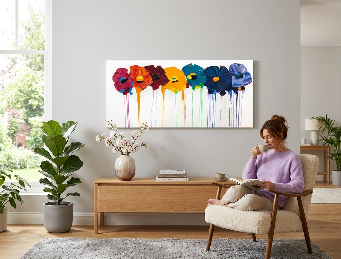 Pop art obraz na plátne s motívom kvety, príroda vo viacfarebných odtieňoch zavesený v interiéri chodby, hravá atmosféra, príroda a jarná atmosféra – interiér