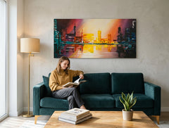 Moderný obraz na plátne s motívom odraz na vode, západ slnka, mapa v modro-oranžových odtieňoch zavesený v interiéri kancelárie, energická atmosféra – interiér