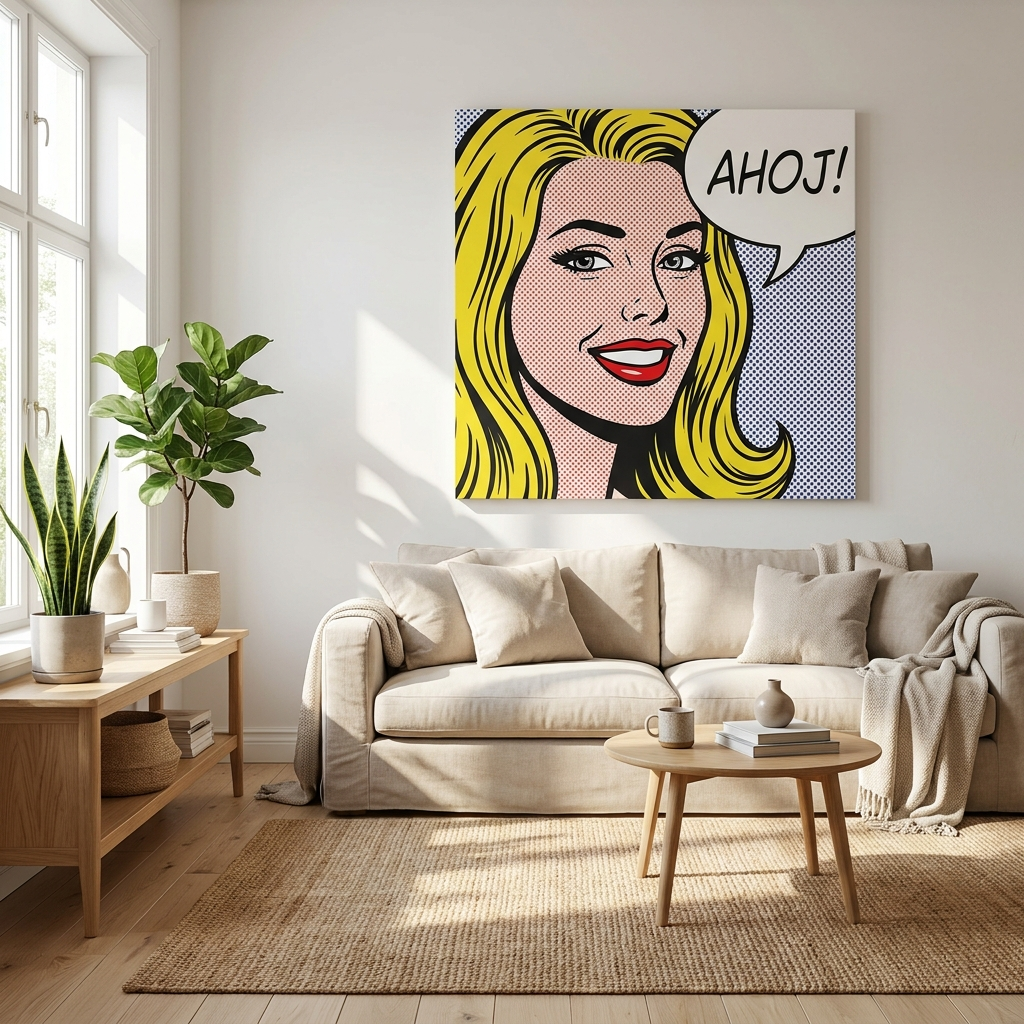 Komiksový pop-art obraz na plátne zavesený v obývačke nad pohovkou — personalizovaný darček z fotky, Papilora
