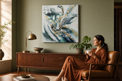Maľovaný obraz na stenu ABSTRAKT 100x100 cm – ručne maľovaný obraz v elegantnom interiéri (Mid-century warm) | wall mockup | premium canvas | Papilora.sk