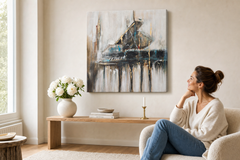 Maľovaný obraz na stenu ABSTRAKT 100x100 cm – ručne maľovaný obraz v elegantnom interiéri (Scandi cream) | wall mockup | premium canvas | Papilora.sk