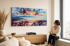 Maľovaný obraz na stenu ABSTRAKT 140x70 cm – ručne maľovaný obraz v elegantnom interiéri (Window reading) | wall mockup | premium canvas | Papilora.sk
