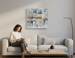 Ručne maľovaný obraz abstraktný spirals in earth tones against textučervený greys. na stene v modernom interiéri – žena pri sedačke, Contemporary living room with grey sofa, Papilora CFA12CX0946E1, Slovensko