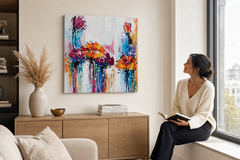 Maľovaný obraz na stenu ABSTRAKT 60x60 cm – ručne maľovaný obraz v elegantnom interiéri (Window reading) | wall mockup | premium canvas | Papilora.sk