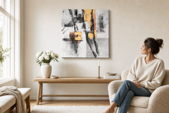 Maľovaný obraz na stenu ABSTRAKT 60x60 cm – ručne maľovaný obraz v elegantnom interiéri (Scandi cream) | wall mockup | premium canvas | Papilora.sk
