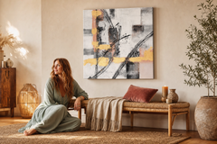 Maľovaný obraz na stenu ABSTRAKT 60x60 cm – ručne maľovaný obraz v elegantnom interiéri (Bohemian warm) | wall mockup | premium canvas | Papilora.sk