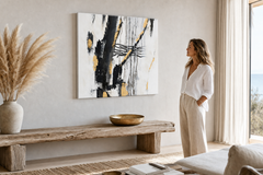 Maľovaný obraz na stenu ABSTRAKT 60x60 cm – ručne maľovaný obraz v elegantnom interiéri (Modern coastal) | wall mockup | premium canvas | Papilora.sk
