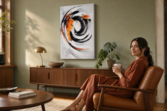 Maľovaný obraz na stenu ABSTRAKT 60x90 cm – ručne maľovaný obraz v elegantnom interiéri (Mid-century warm) | wall mockup | premium canvas | Papilora.sk