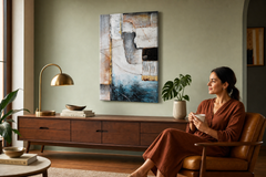 Maľovaný obraz na stenu ABSTRAKT 60x90 cm – ručne maľovaný obraz v elegantnom interiéri (Mid-century warm) | wall mockup | premium canvas | Papilora.sk