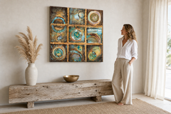 Maľovaný obraz na stenu ABSTRAKT 70x70 cm – ručne maľovaný obraz v elegantnom interiéri (Modern coastal) | wall mockup | premium canvas | Papilora.sk