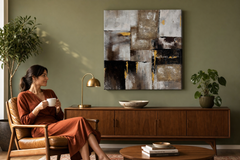 Maľovaný obraz na stenu ABSTRAKT 70x70 cm – ručne maľovaný obraz v elegantnom interiéri (Mid-century warm) | wall mockup | premium canvas | Papilora.sk