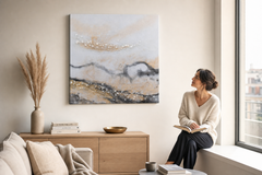 Maľovaný obraz na stenu ABSTRAKT 70x70 cm – ručne maľovaný obraz v elegantnom interiéri (Window reading) | wall mockup | premium canvas | Papilora.sk