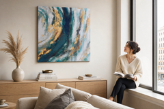 Maľovaný obraz na stenu ABSTRAKT 70x70 cm – ručne maľovaný obraz v elegantnom interiéri (Window reading) | wall mockup | premium canvas | Papilora.sk