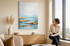 Maľovaný obraz na stenu ABSTRAKT 80x120 cm – ručne maľovaný obraz v elegantnom interiéri (Window reading) | wall mockup | premium canvas | Papilora.sk