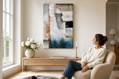 Maľovaný obraz na stenu ABSTRAKT 80x120 cm – ručne maľovaný obraz v elegantnom interiéri (Scandi cream) | wall mockup | premium canvas | Papilora.sk